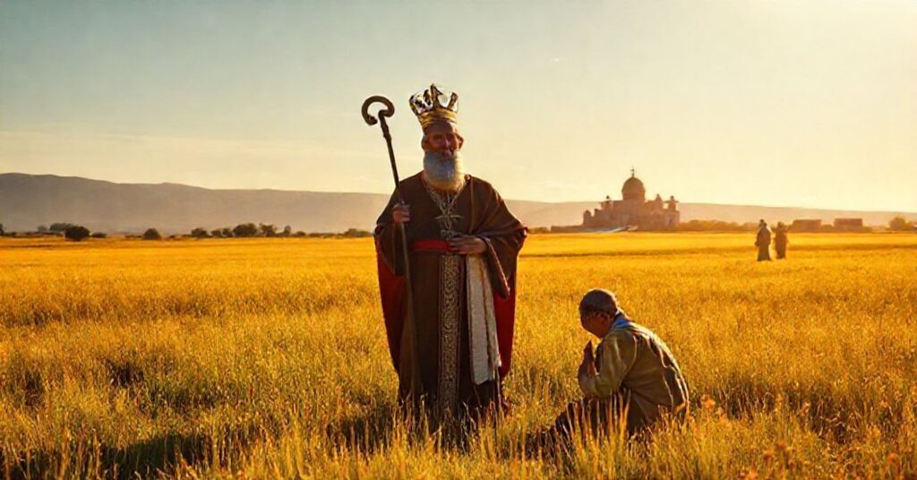 St. Isidore the Farmer as the patron saint of the Diocese of San Isidro, Argentina, depicted in a traditional Catholic setting with a bishop in liturgical vestments.