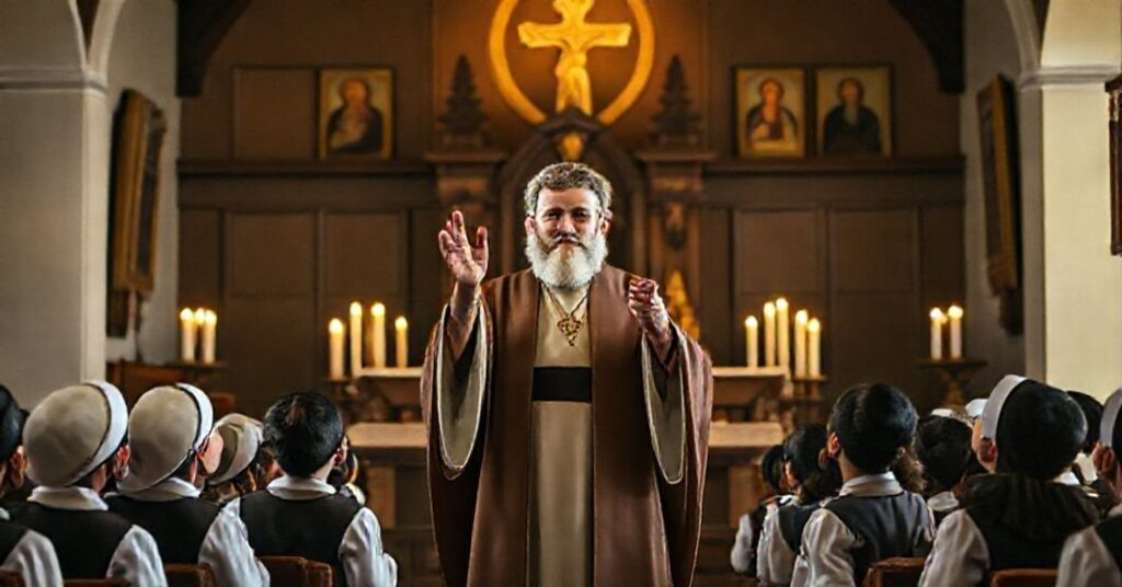 St. John Bosco blessing young Colombian apprentices in a traditional Catholic chapel, emphasizing spiritual guidance over vocational training.