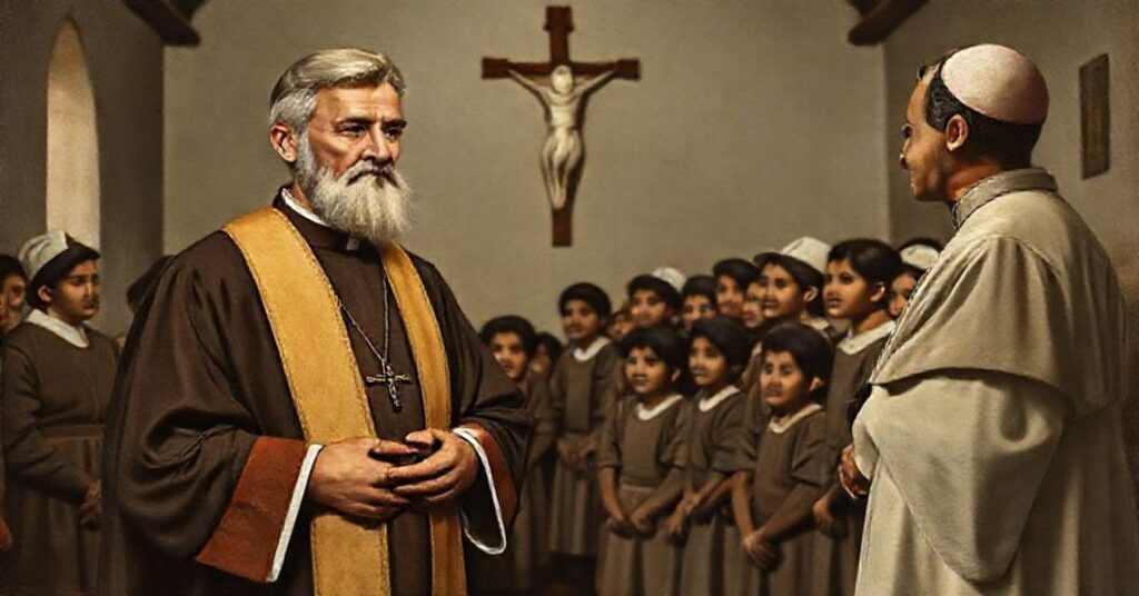 Portrait of St. John Bosco with Colombian youth apprentices and Cardinal Crisanto Luque, highlighting the tension between spiritual patronage and secular vocational training.