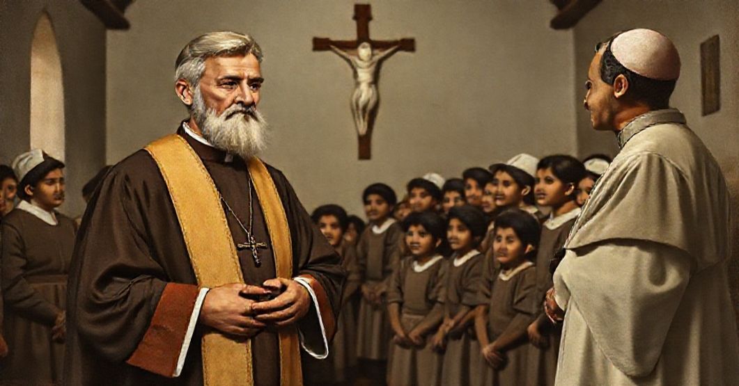 St. John Bosco and the Conciliar Shift in Patronage Portrait of St. John Bosco with Colombian youth apprentices and Cardinal Crisanto Luque, highlighting the tension between spiritual patronage and secular vocational training.