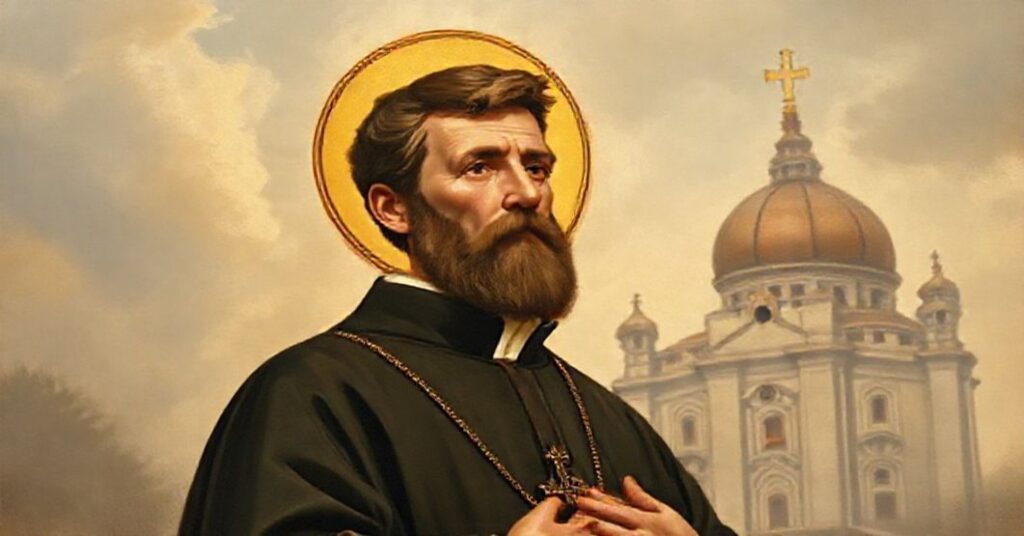 St John Bosco depicted as the patron saint of Rivadavia diocese, standing protectively against the backdrop of modernist conciliar structures.