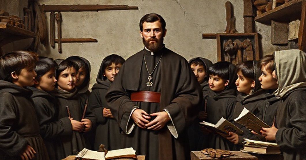 St. John Bosco guiding young Spanish apprentices in a traditional workshop setting, embodying Catholic values and resistance to modern dangers.