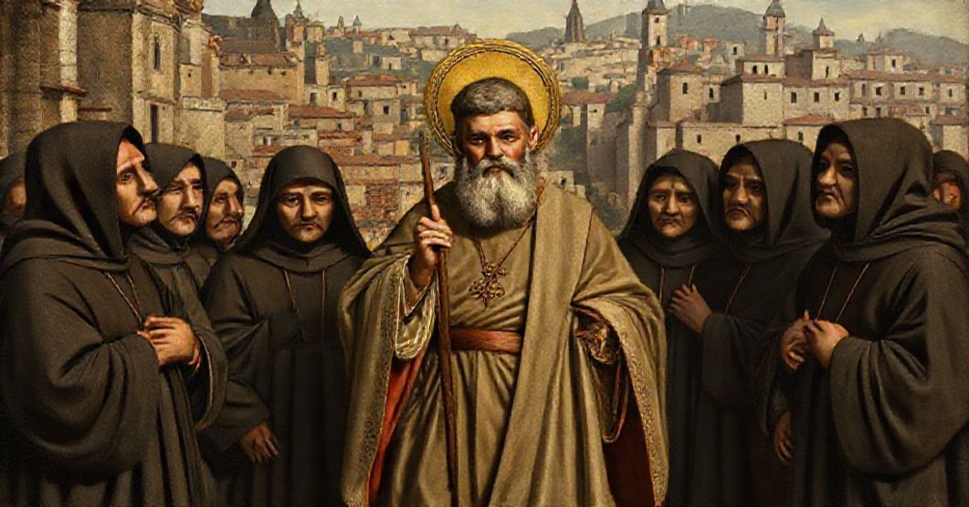 A traditional Catholic depiction of St. John de Matha and Trinitarian monks in a historic European cityscape, emphasizing the saint's mission to redeem captives.