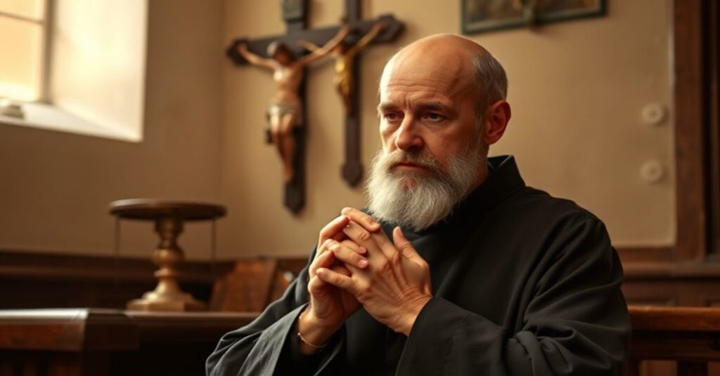 St. John Mary Vianney in his confessional at Ars, embodying priestly sanctity and devotion.