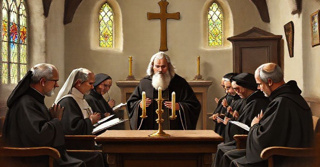 St. John Mary Vianney surrounded by devout priests in a traditional Catholic church setting, emphasizing priestly virtues and Eucharistic devotion.