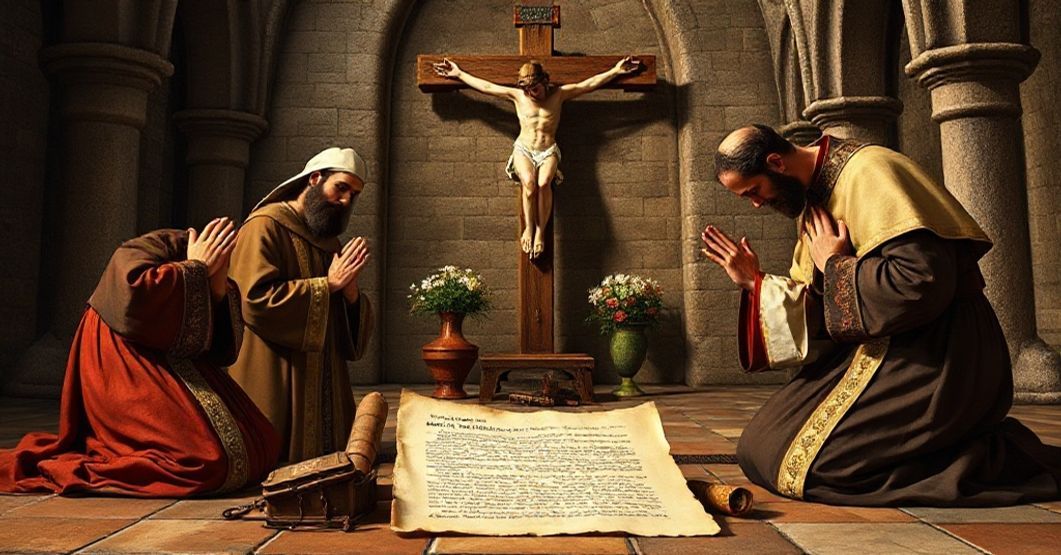 St. John of Matha and St. Felix of Valois praying before a crucifix with a letter from Pope John XXIII in a medieval monastery setting.