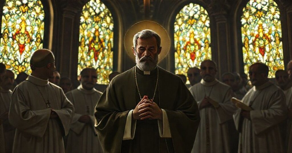 St. Joseph Cafasso in a prayerful pose surrounded by priests in a traditional Catholic chapel