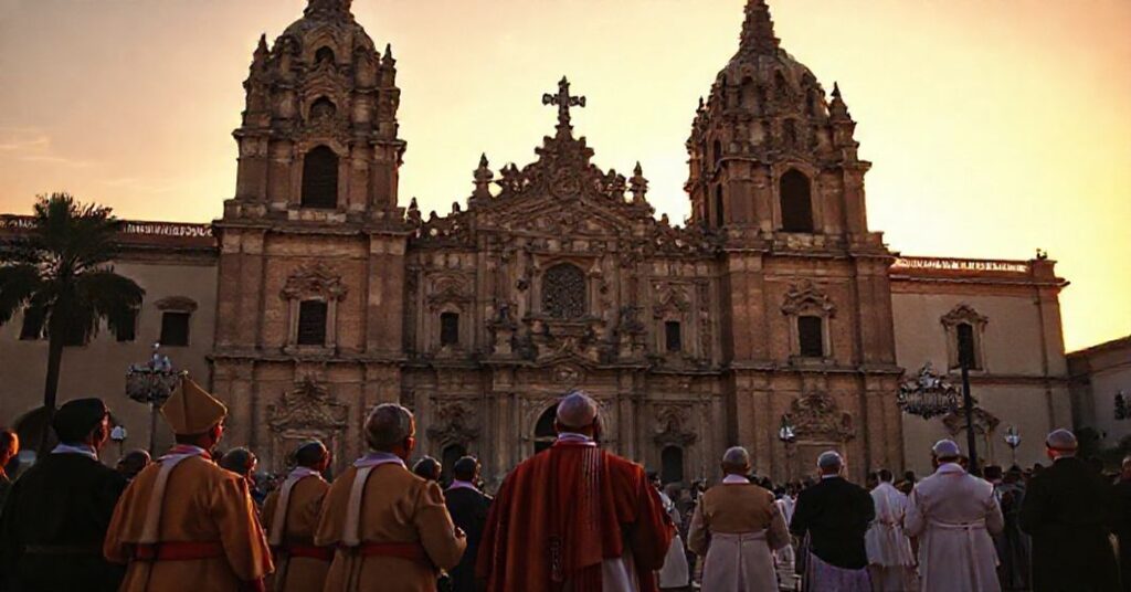 A reverent depiction of St. Joseph's Cathedral in Tlaxcala, Mexico, with Pope John XXIII and Archbishop Angelorum in prayerful reflection.