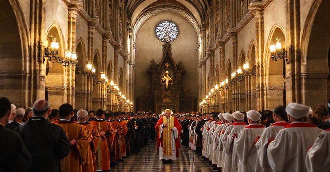 A reverent depiction of St. Julian Concathedral in Ferrol, Spain, with a solemn procession of clergy in traditional vestments.