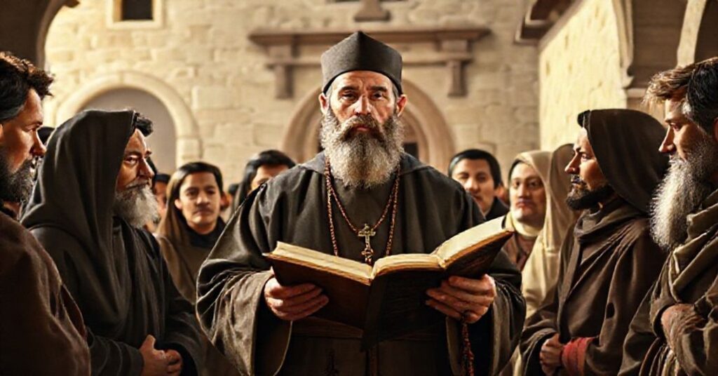 St. Lawrence of Brindisi preaching to devoted followers in a 17th-century Capuchin monastery, symbolizing his theological prowess and Marian devotion.