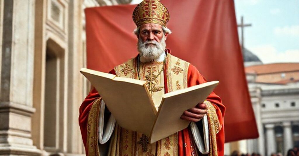 St. Leo the Great in traditional papal vestments with a scroll, juxtaposed against a shadowy figure representing antipope John XXIII and conciliar subversion.