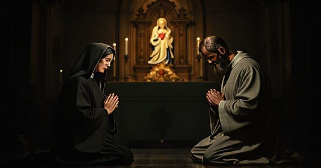 St. Louise de Marillac and St. Vincent de Paul kneeling in prayer before a traditional Catholic altar in a solemn church interior.