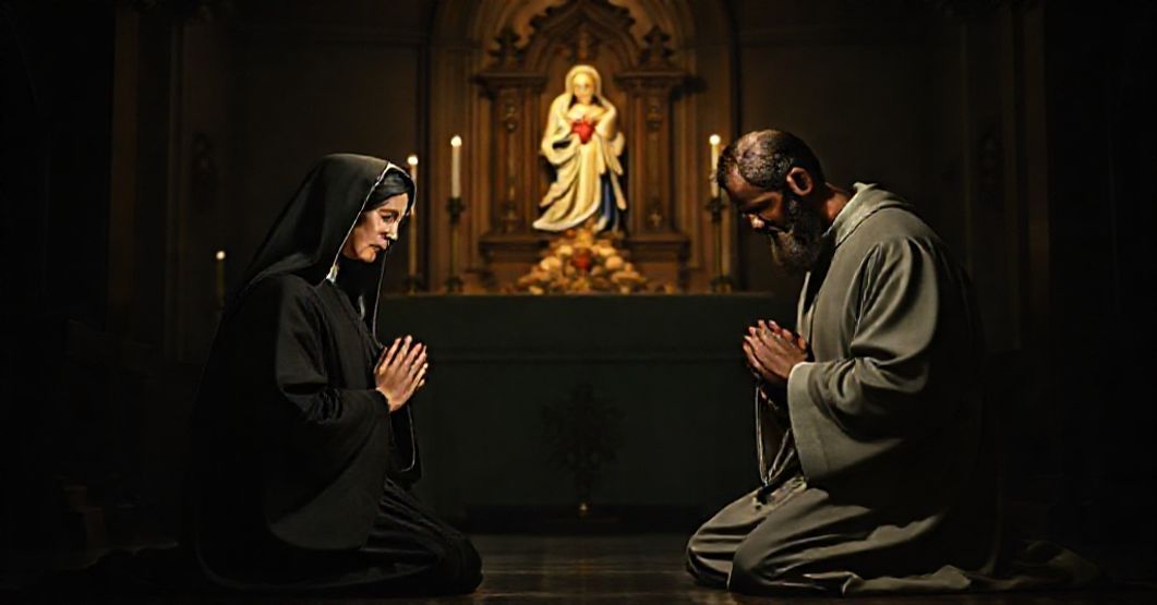 St. Louise de Marillac and St. Vincent de Paul: Models of True Charity St. Louise de Marillac and St. Vincent de Paul kneeling in prayer before a traditional Catholic altar in a solemn church interior.