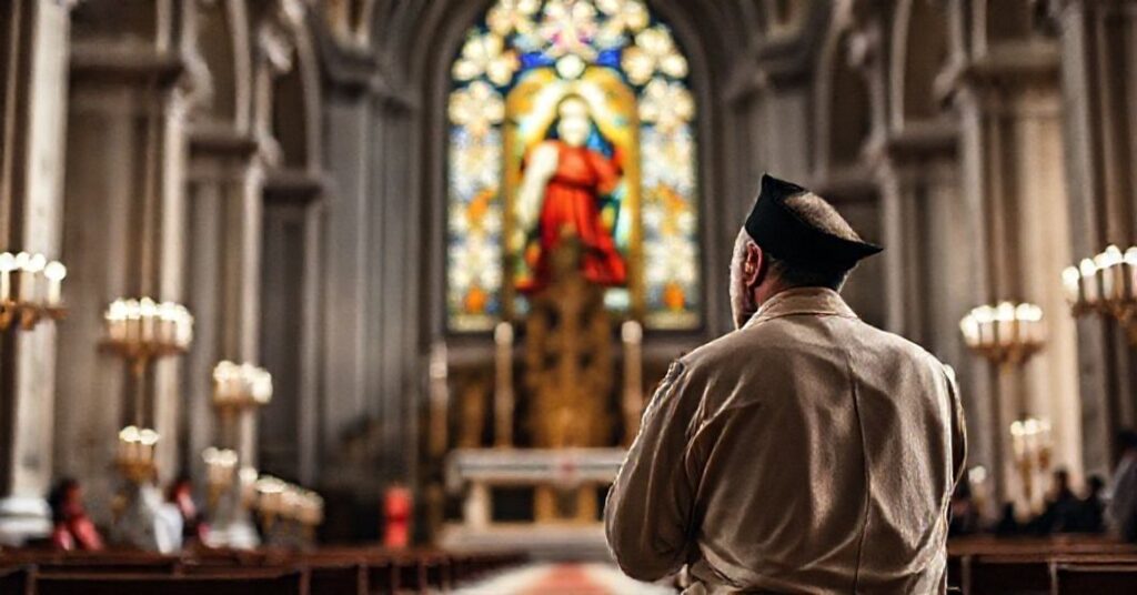 A devout Catholic man kneeling in prayer inside St. Mark's Basilica in Venice, reflecting on the spiritual significance of the sacred site.
