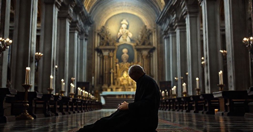 St. Mark's Basilica: Tradition and Conciliar Tension A reverent Catholic priest kneeling in prayer before the altar of St. Mark's Basilica in Venice, with historical and theological tension between tradition and the conciliar revolution.