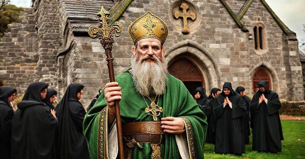 A reverent portrait of St. Patrick with Irish monks, symbolizing the faithfulness and missionary spirit of Ireland's Catholic heritage.
