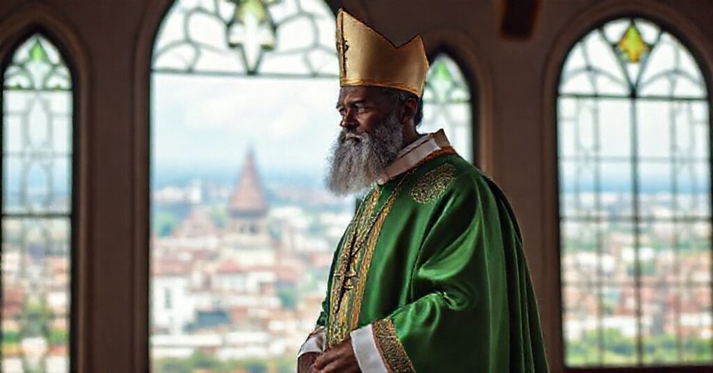 Reverent depiction of St. Patrick as the patron saint of Ibadan, symbolizing his spiritual protection over the diocese.