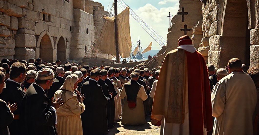 A reverent depiction of St. Paul's shipwreck in Malta, contrasting authentic Catholic devotion with the shadow of conciliar subversion.