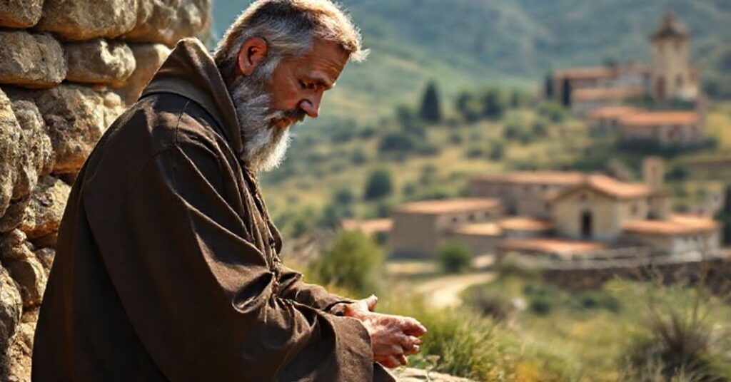 St. Peter of Alcantara in prayer at El Palancar, surrounded by a serene landscape.