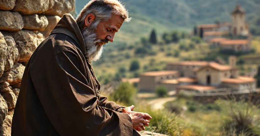 St. Peter of Alcantara in prayer at El Palancar, surrounded by a serene landscape.