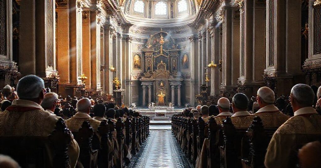 Interior view of St. Peter's Basilica with honorary canons in their stalls, highlighting the external splendor and liturgical pomp described in Templorum Decus.