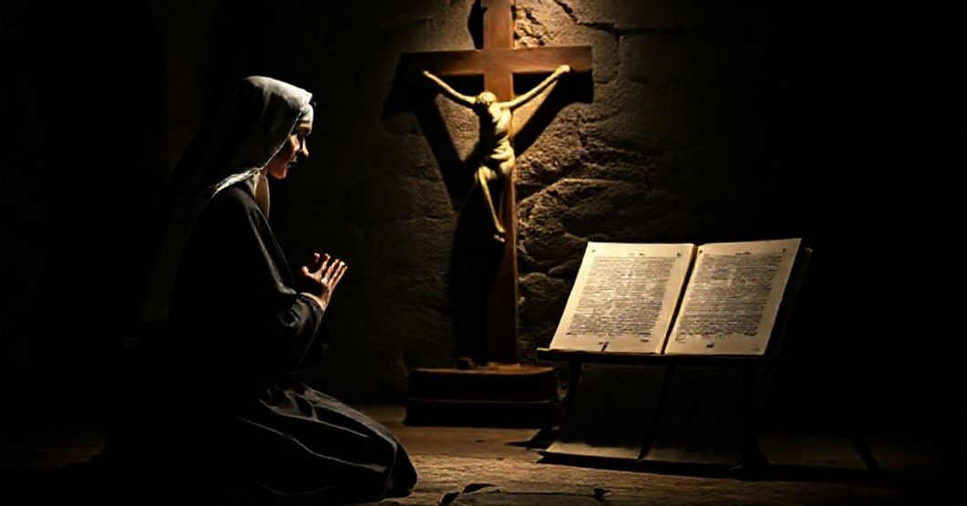 St. Teresa of Jesus in prayer before a crucifix in a monastery cell, with Vatican II documents subtly blending into the shadows.