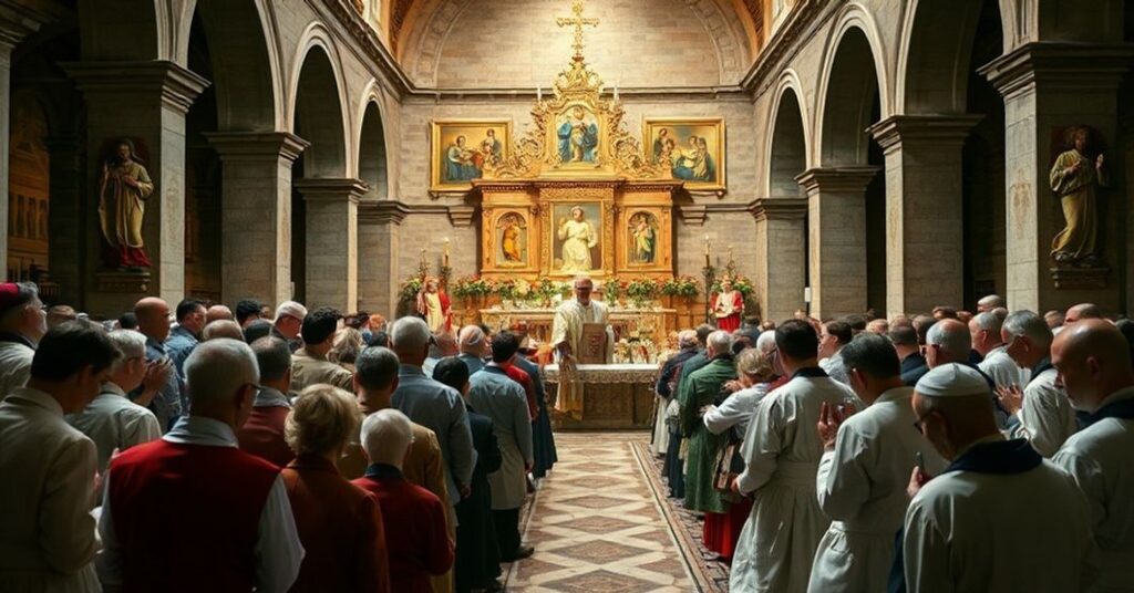 A traditional Catholic scene depicting St. Ubald's feast in Gubbio, with a focus on the local bishop and faithful gathered in prayer before a historic church.