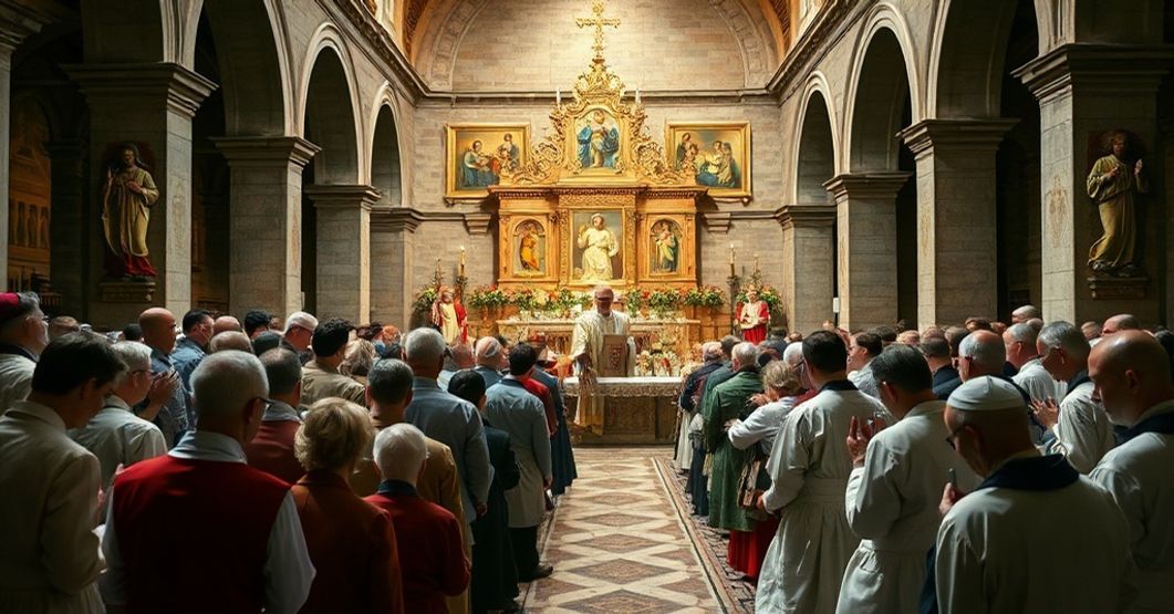 A traditional Catholic scene depicting St. Ubald's feast in Gubbio, with a focus on the local bishop and faithful gathered in prayer before a historic church.