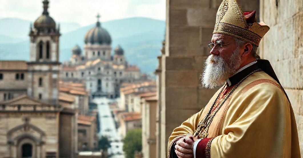 A solemn portrayal of St. Ubaldus and Bishop Beniamino Ubaldi reflecting on the doctrinal betrayal of the Church in modern Vatican City.