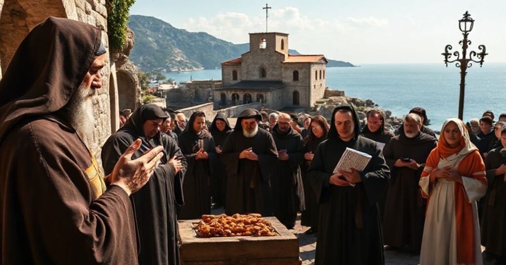 A reverent depiction of St. Venerius as the patron saint of the Gulf of La Spezia, with a Benedictine monk and devout laypeople in a solemn procession before the restored monastery on Tino Island.