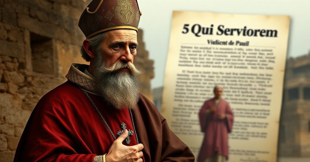 St. Vincent de Paul and the False Authority of Roncalli-John XXIII St. Vincent de Paul in a solemn pose with the mission territory of Cuttack in the background, highlighting the false authority of Roncalli-John XXIII.