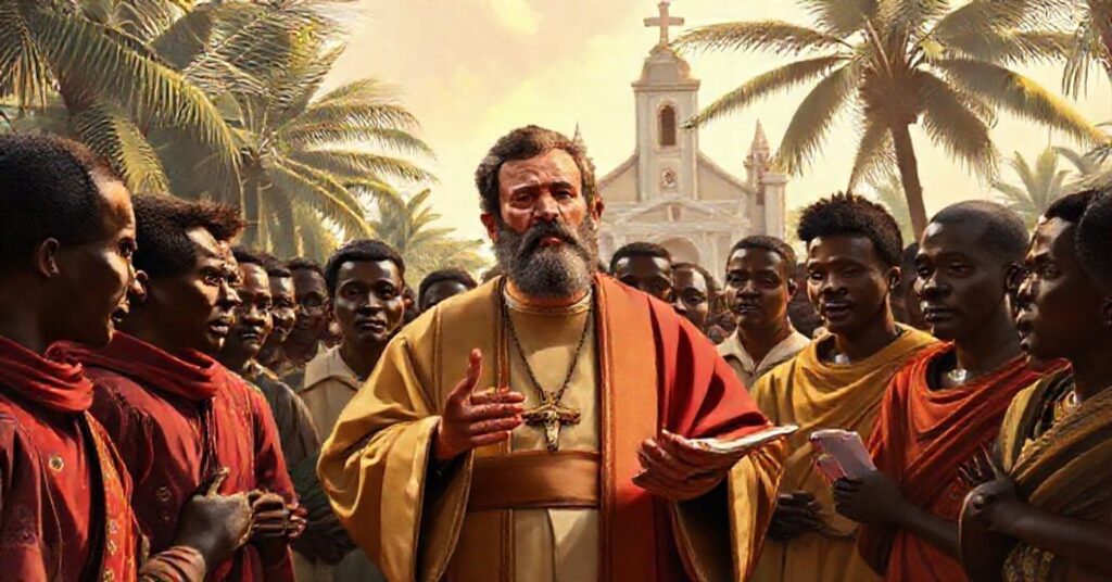 St. Vincent de Paul preaching to African faithful in Madagascar with the cathedral of Arcs of the Dolphin in the background