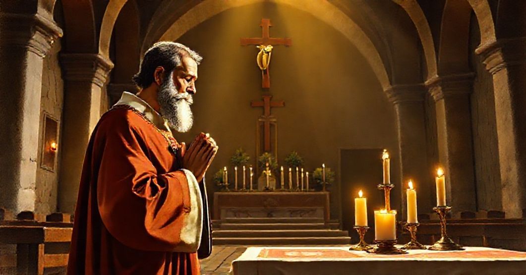 St. Vincent de Paul: Patron of Aris Delphini St. Vincent de Paul in prayer before a mission church in Madagascar, symbolizing his patronage over the diocese of Aris Delphini.