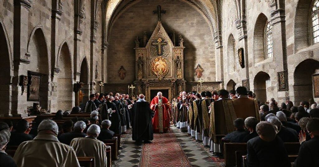 Reverent depiction of the parish church of Steinfeld as a minor basilica with clergy and pilgrims in traditional Catholic devotion
