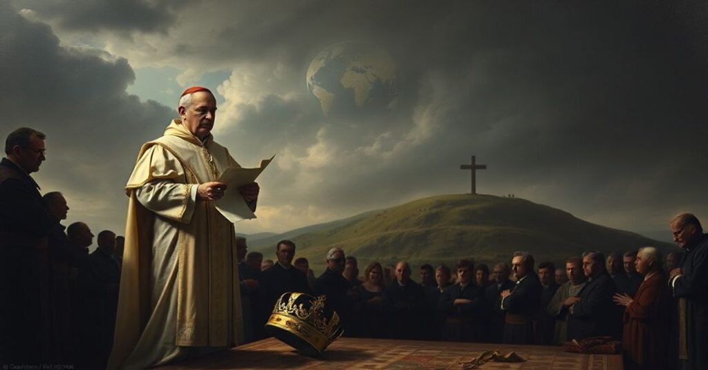 A somber depiction of the subversion of Christ's Kingship by Pacem in terris, highlighting the naturalistic and anthropocentric vision promoted by antipope John XXIII.