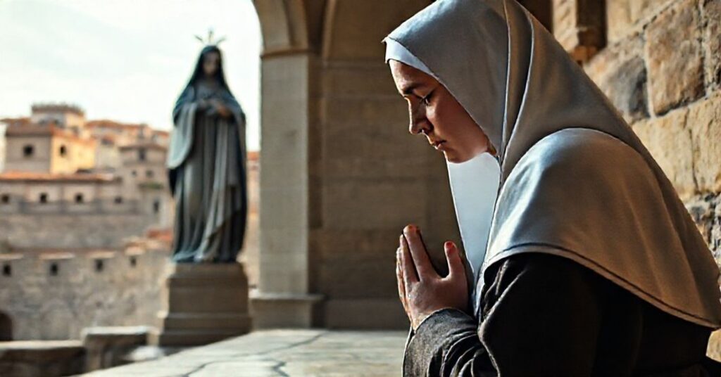 A traditional Carmelite nun in prayer before a statue of St. Teresa of Jesus in Ávila, Spain.