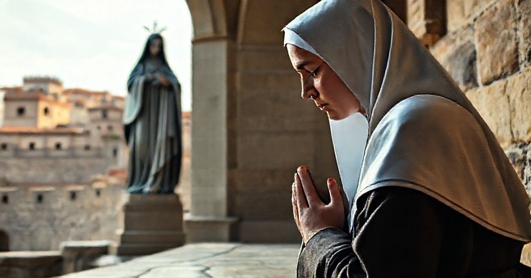 Teresian Betrayal: The Conciliar Revolution's Manipulation of Carmel A traditional Carmelite nun in prayer before a statue of St. Teresa of Jesus in Ávila, Spain.