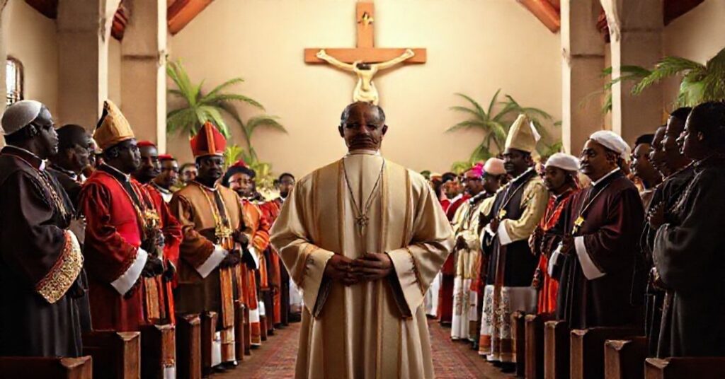 A Catholic missionary priest in traditional vestments stands before a group of African and Asian bishops and laity in a tropical mission church, symbolizing the deceptive 'indigenous clergy' narrative of Princeps Pastorum.