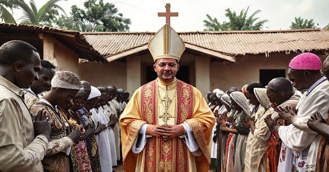 Catholic bishop in traditional vestments standing solemnly before a modest Nigerian church, symbolizing the deceptive establishment of a new diocese under the guise of missionary zeal.