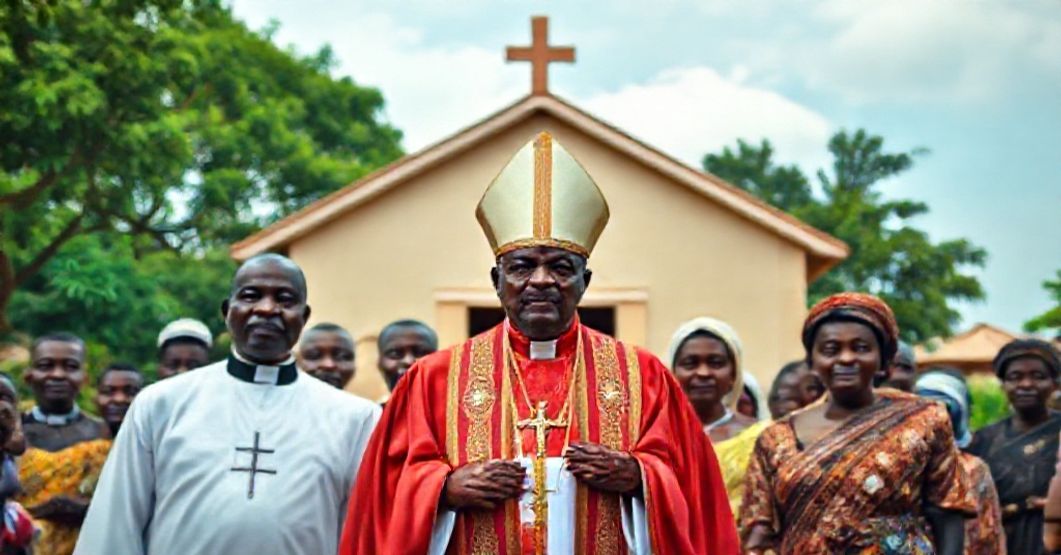 A traditional Catholic scene depicting the erection of the Diocese of Oturkpo in Nigeria, with a bishop in liturgical vestments and African faithful in a reverent setting.