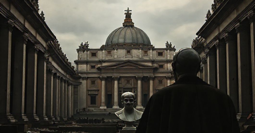 The Foundational Gesture of the Neo-Church: A Synod against the Eternal Rome Lateran Archbasilica in Rome with a distant figure of John XXIII and a bust of St. Pius X, symbolizing the clash between tradition and modernism in the Catholic Church.