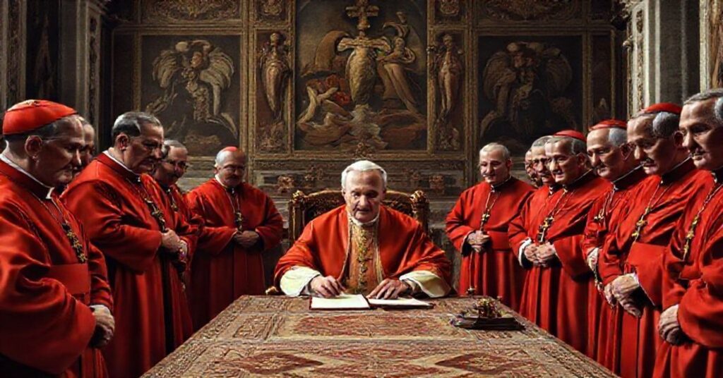 A traditional Catholic image depicting the signing of John XXIII's motu proprio 'Cum gravissima' in a Vatican hall, surrounded by solemn cardinals.