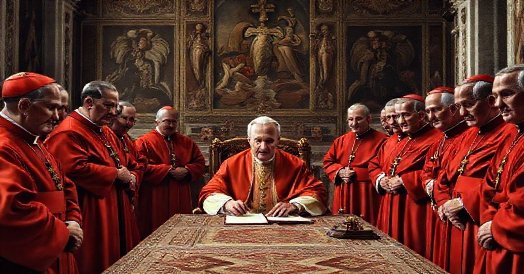 A traditional Catholic image depicting the signing of John XXIII's motu proprio 'Cum gravissima' in a Vatican hall, surrounded by solemn cardinals.