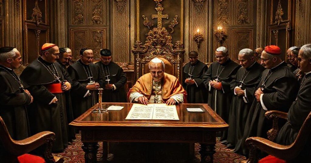 A somber and reverent depiction of the signing of Superno Dei by John XXIII in 1960, highlighting the beginning of the conciliar apostasy.