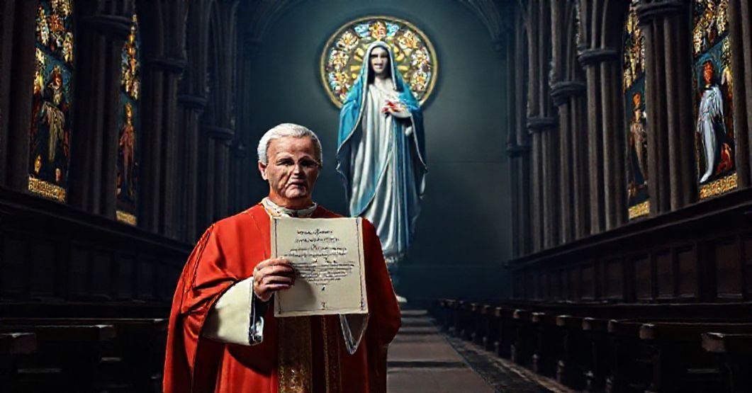 A solemn image depicting the usurpation of apostolic authority through the elevation of the dubious Fatima cult, showing a bishop holding a document titled 'Qui huius saeculi' in a grand cathedral.