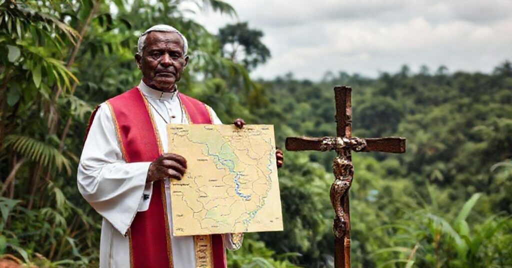 A Catholic priest in traditional vestments stands at the boundary of the Apostolic Vicariate of Luebo in the Belgian Congo, holding a map marked with rivers and administrative lines. The scene captures the theological and spiritual crisis of the era.