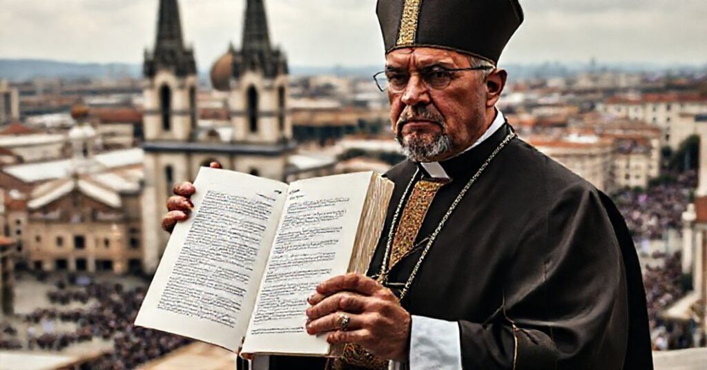 A solemn Catholic bishop holding a copy of Ad Dilectos in front of a Latin American cathedral, symbolizing the theological subversion and conciliar revolution.