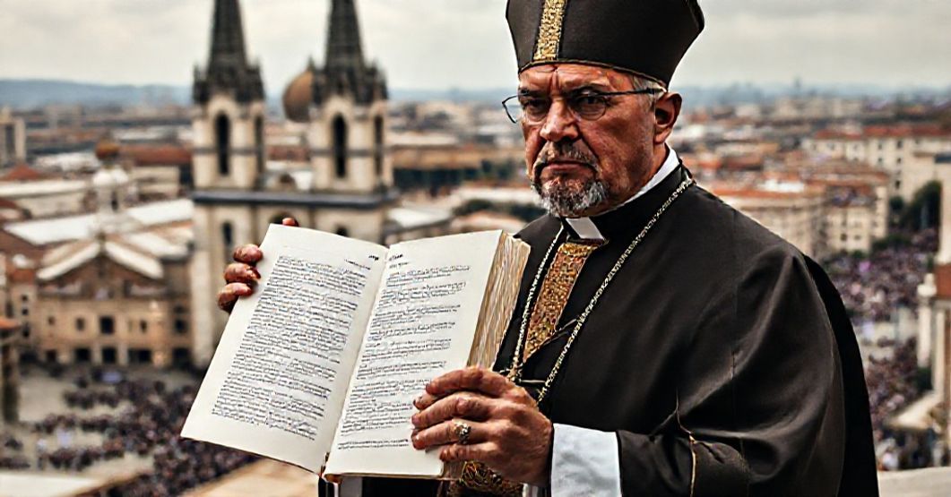 A solemn Catholic bishop holding a copy of Ad Dilectos in front of a Latin American cathedral, symbolizing the theological subversion and conciliar revolution.