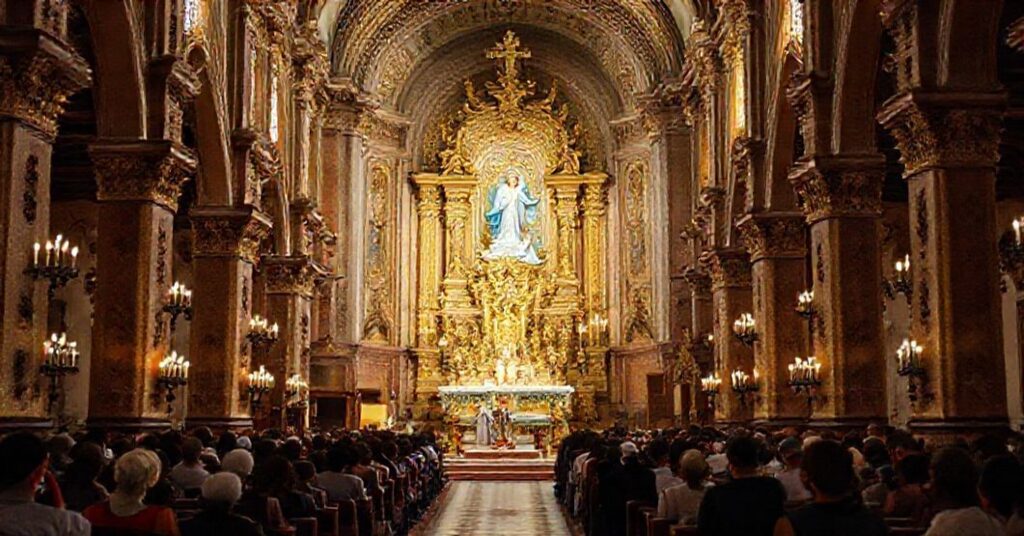 Traditional Catholic basilica of Nuestra Señora de la Soledad in Antequera, Mexico, with a solemn Latin Mass and devotees in prayer.