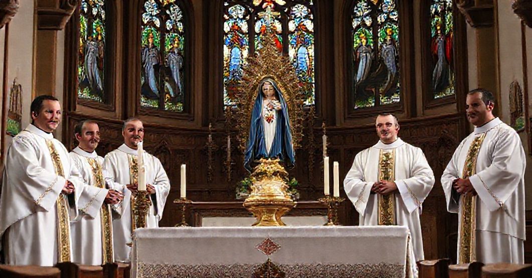 A traditional Catholic altar adorned with a statue of the Immaculate Heart of Mary, surrounded by solemn clergy in traditional vestments.
